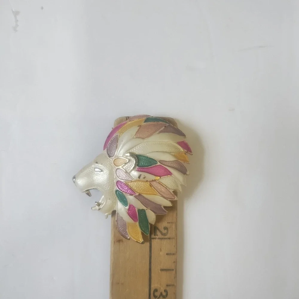 Vintage HMS Lion Head Brooch Enamel Multi Color Eclectic Maximalist